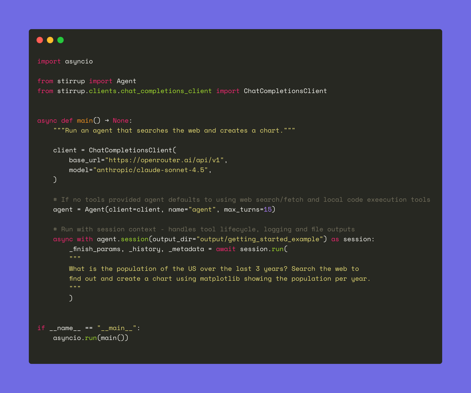 Example code for setting up a Stirrup agent